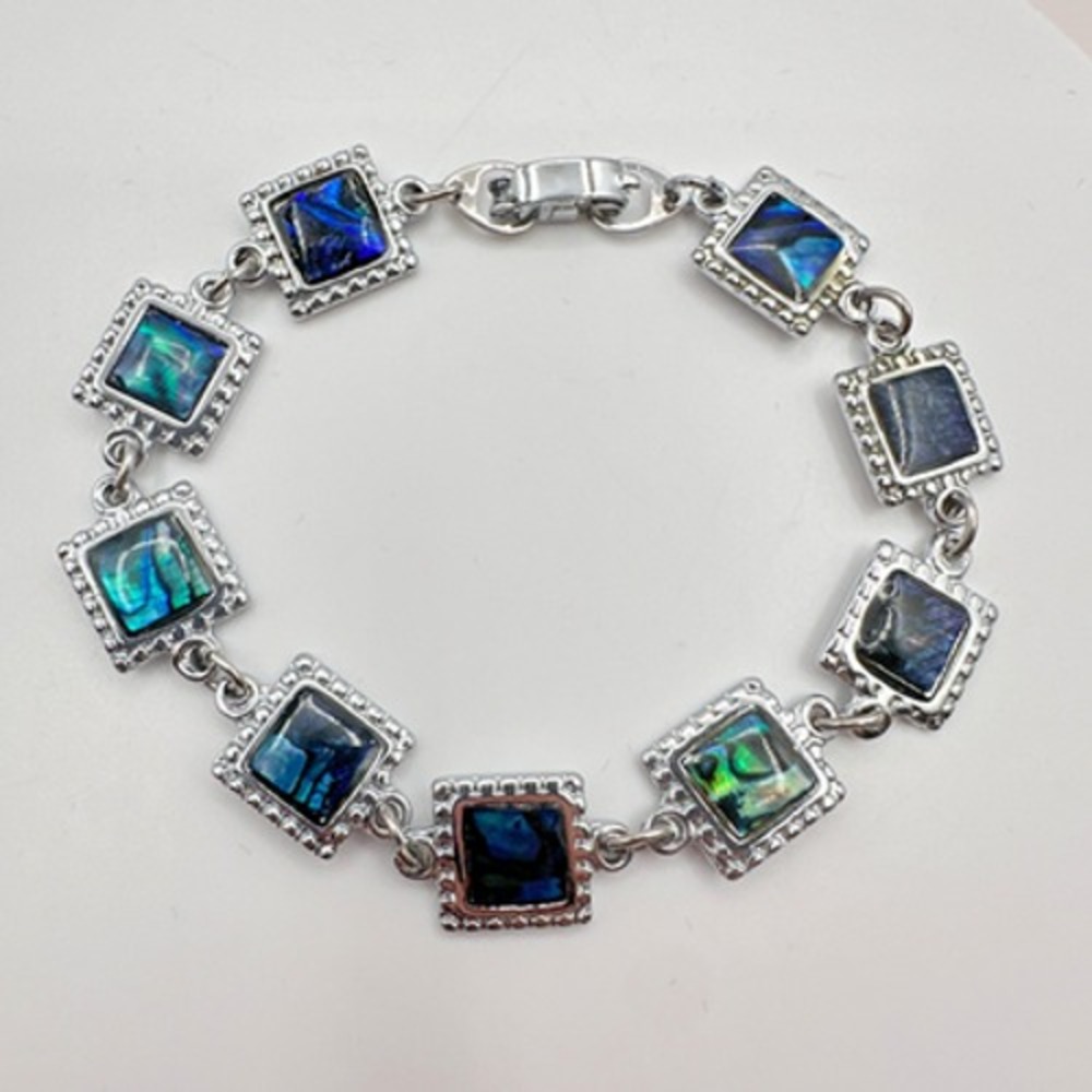 Vintage Y2K Silver Tone Square Iridescent Abalone Shell Link Bracelet Jewelry